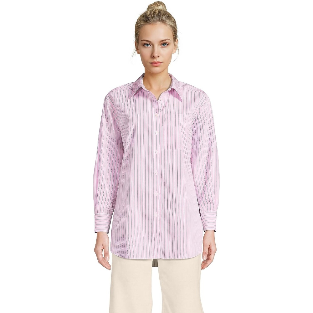 image:imageLands End Womens No Iron Oversized Poplin Extra Long TunicLight Rose Pink Awning Stripe