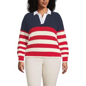 Lands’ End Women’s Cotton Rugby Sweater(Red/Ivory American Flag)