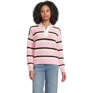 Lands’ End Women’s Cotton Rugby Sweater(Sea Salt Pink/Ivory Stripe)