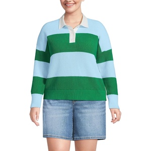 Lands’ End Women’s Cotton Rugby Sweater(True Green/Soft Ice Blue Rugby)
