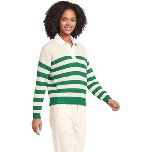 Lands’ End Women’s Cotton Rugby Sweater(Vibrant Clover Stripe)