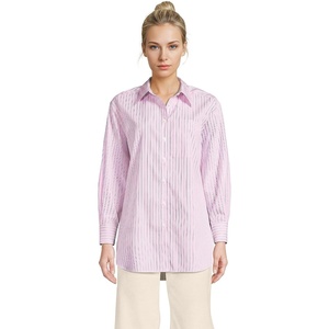 Lands’ End Women’s No Iron Oversized Poplin Extra Long Tunic(Light Rose Pink Awning Stripe)