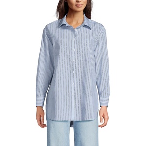 Lands’ End Women’s No Iron Oversized Poplin Extra Long Tunic(Misty Blue/Deep Sea Stripes)