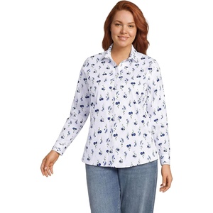 Lands’ End Women’s Pinwale Cord Long Sleeve Shirt(White/Clear Blue Sky Flowers)