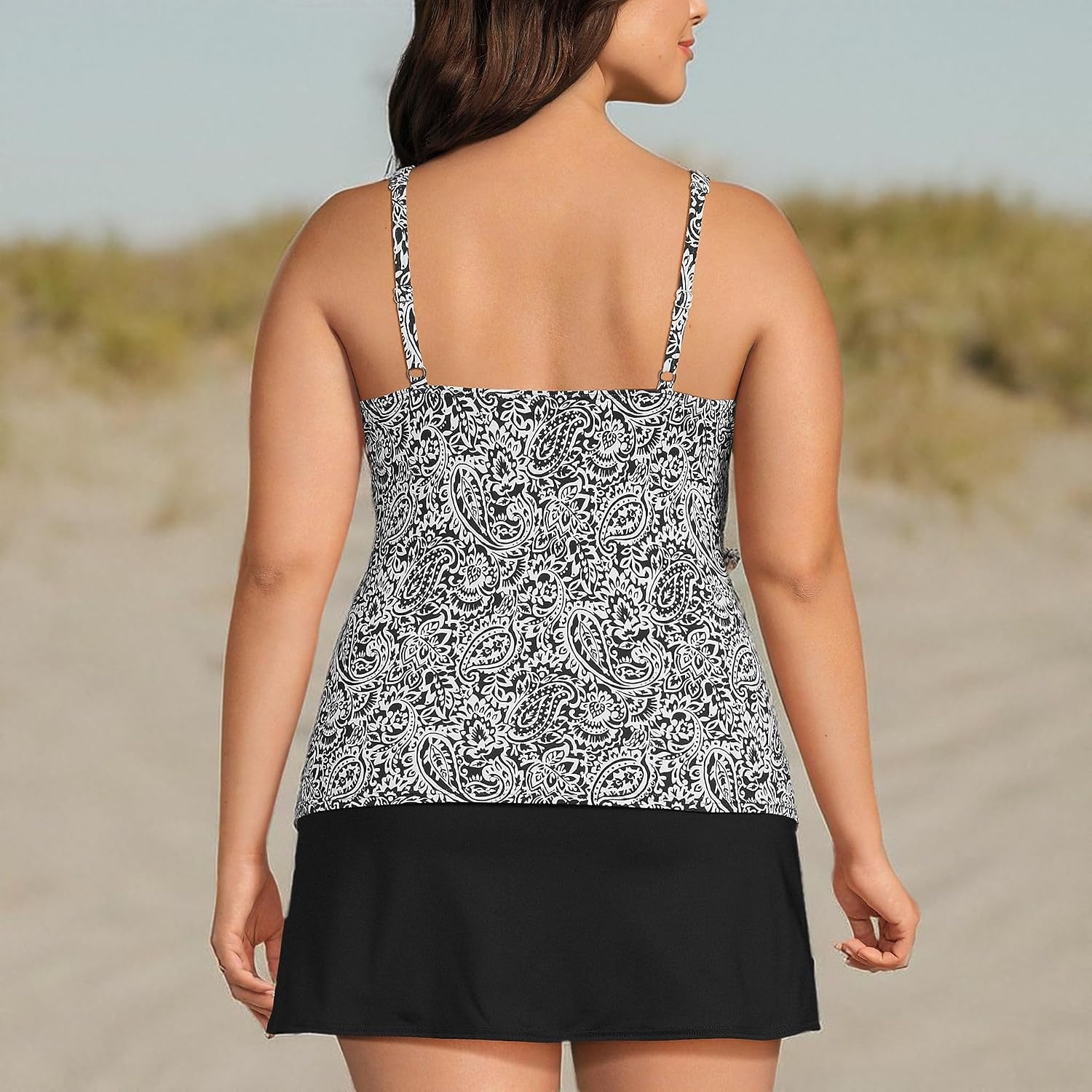 image:imageLands End Womens Chlorine Resistant Wrap Tankini Swimsuit TopBlackWhite Decor Paisley