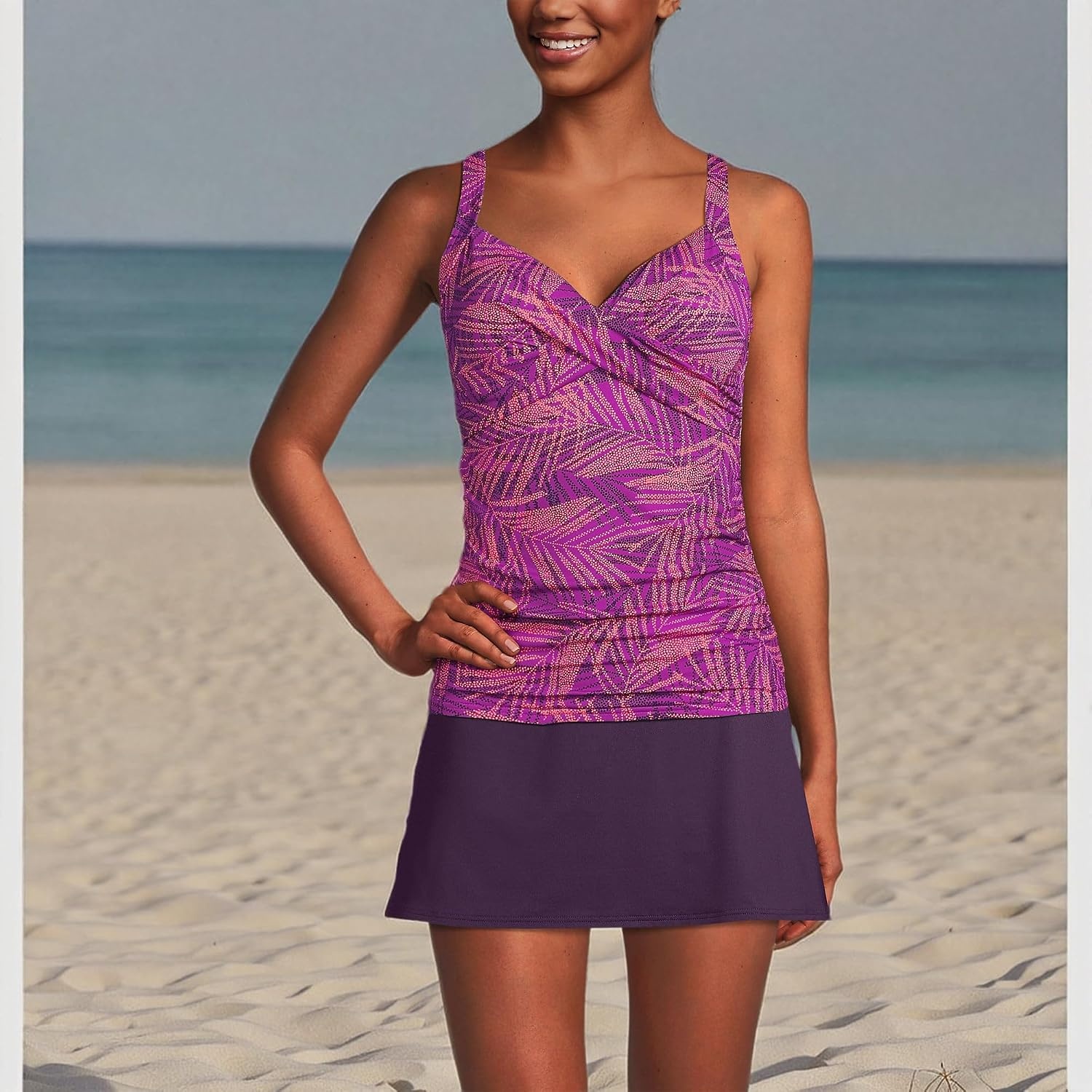 image:imageLands End Womens Chlorine Resistant Wrap Tankini Swimsuit TopViolet Rose Stipple Palm