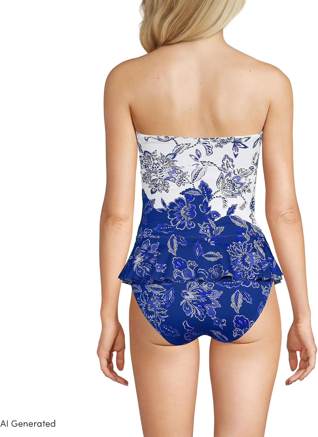 image:imageLands End Womens Ruffle Bandeau SwimsuitWhiteCobalt Floral Placement