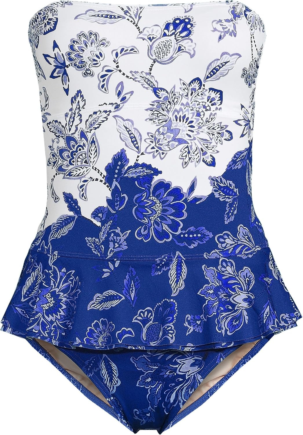 image:imageLands End Womens Ruffle Bandeau SwimsuitWhiteCobalt Floral Placement