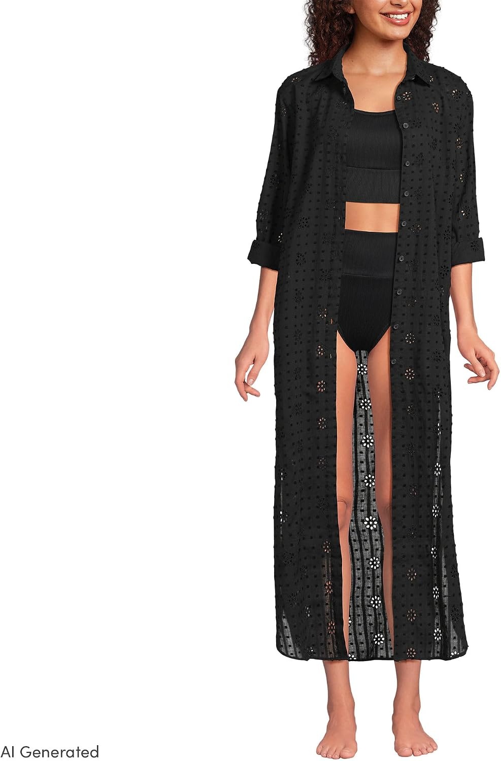 image:imageWomens Eyelet Button Down Maxi Coverup DressBlack