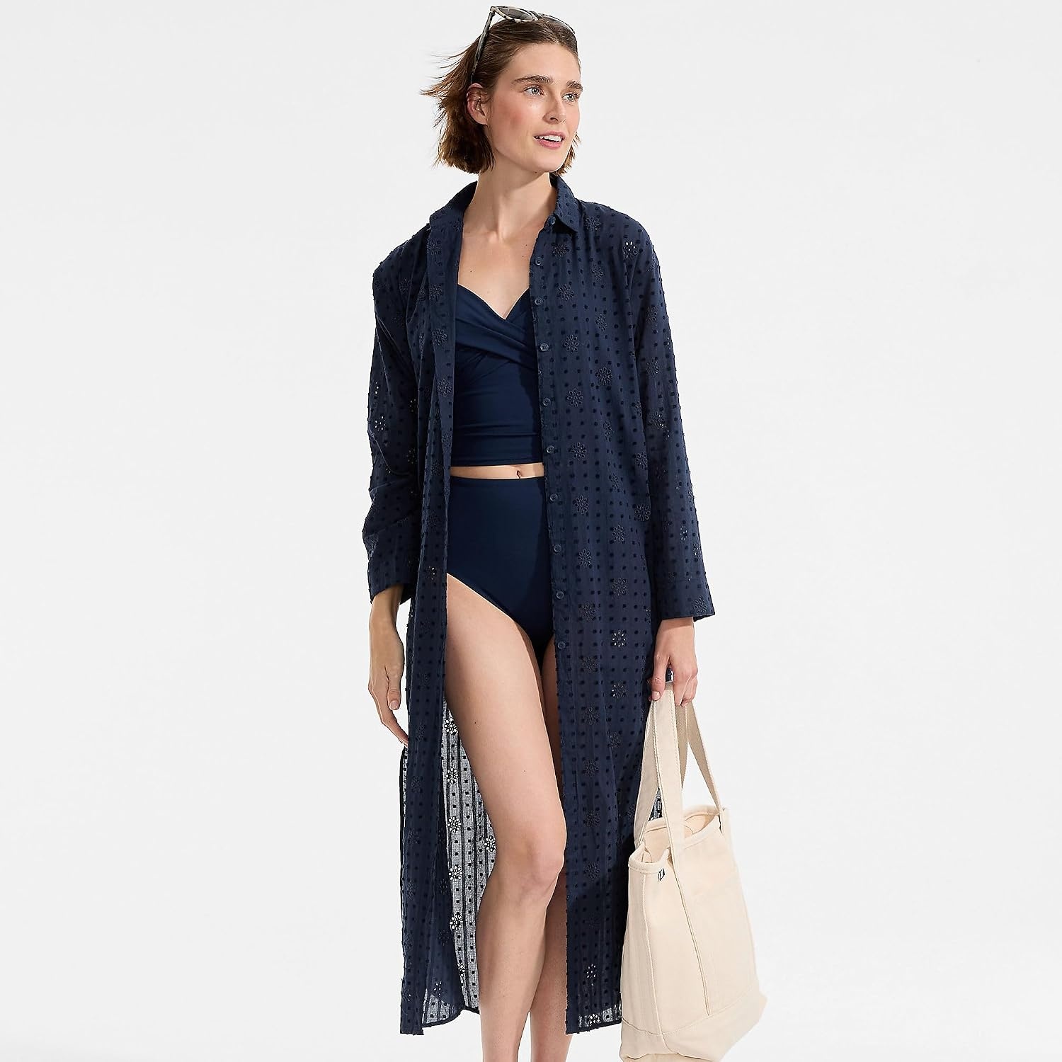 image:imageWomens Eyelet Button Down Maxi Coverup DressDeep Sea Navy