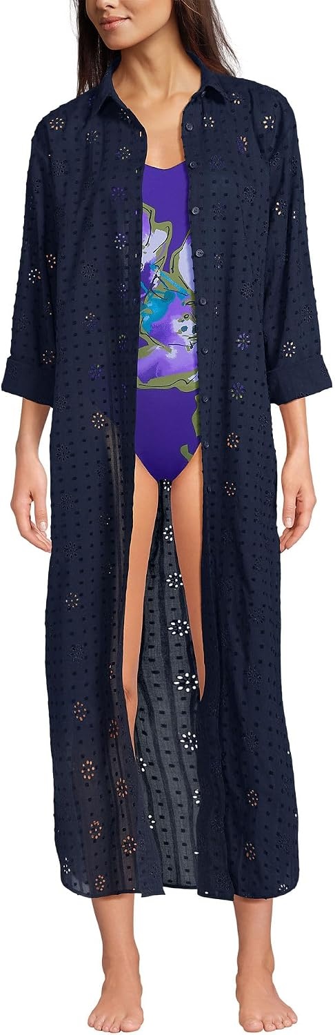 image:imageWomens Eyelet Button Down Maxi Coverup DressDeep Sea Navy