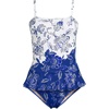 Lands’ End Women’s Ruffle Bandeau Swimsuit(White/Cobalt Floral Placement)