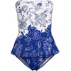 Lands’ End Women’s Ruffle Bandeau Swimsuit(White/Cobalt Floral Placement)
