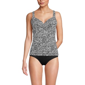 Lands’ End Women’s Chlorine Resistant Wrap Tankini Swimsuit Top(Black/White Decor Paisley)