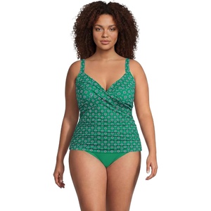 Lands’ End Women’s Chlorine Resistant Wrap Tankini Swimsuit Top(Green/Navy Geo Floral)