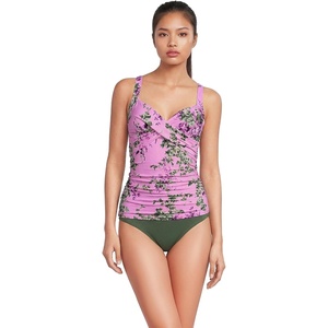 Lands’ End Women’s Chlorine Resistant Wrap Tankini Swimsuit Top(Pink/White Blooms)