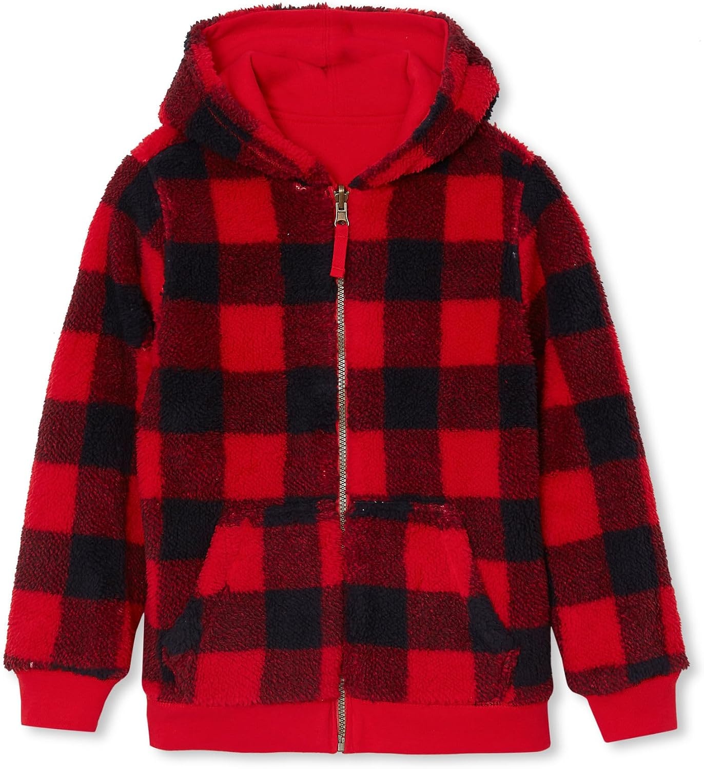 image:imageLands End Kids High Pile Lined Zip HoodieBright Red Buffalo Plaid