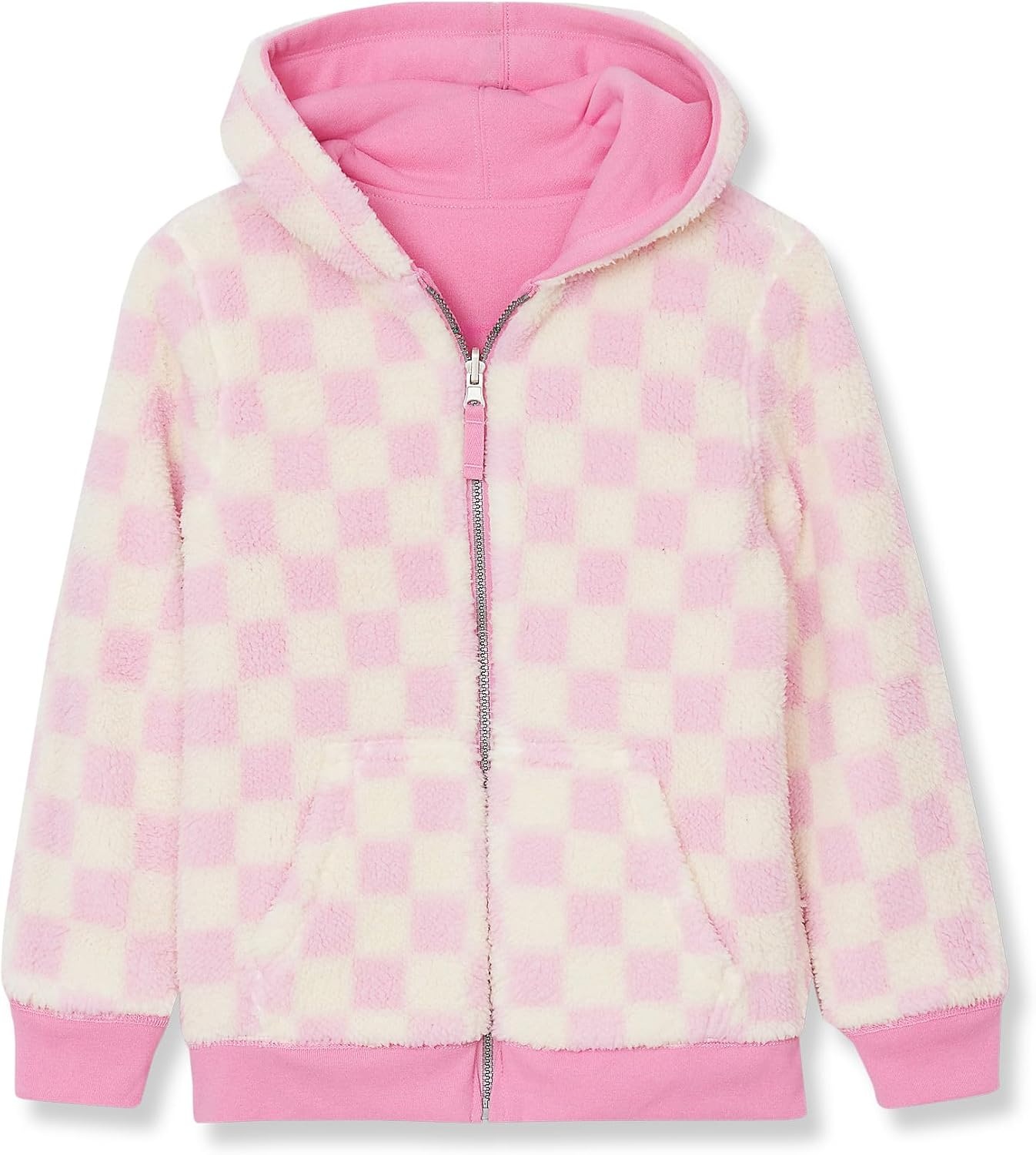 image:imageLands End Kids High Pile Lined Zip HoodieCheckFuchsiaCream
