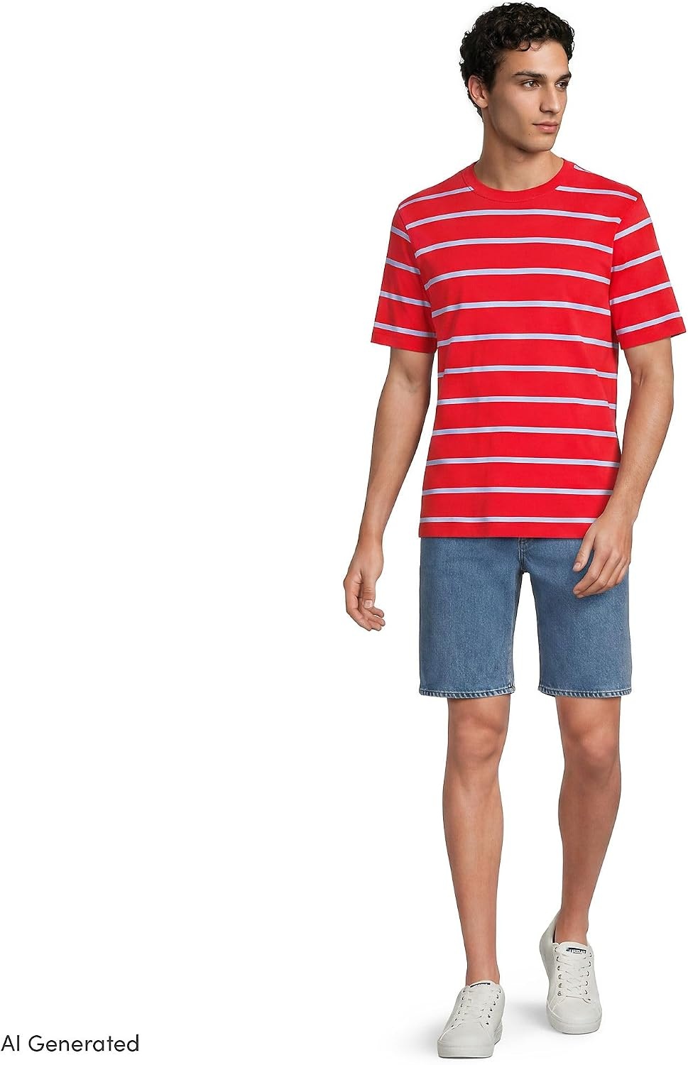 image:imageLands End Mens SuperT Short Sleeve TShirtCompass RedClear Blue Stripe