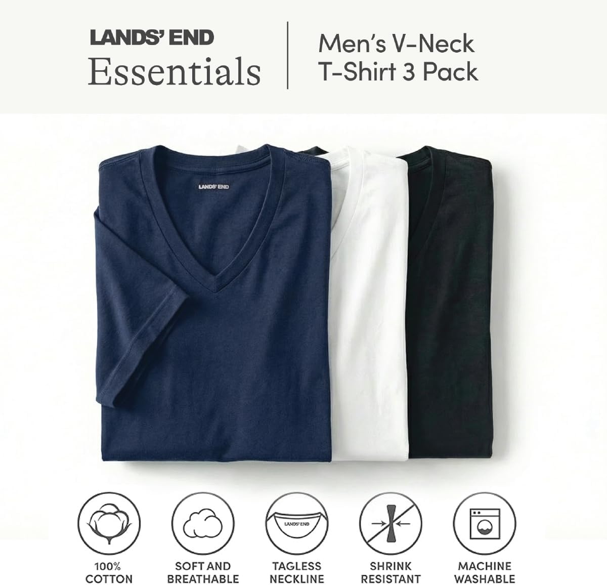 image:imageLands End Mens VNeck TShirt 3 PackMulti 3 Pack