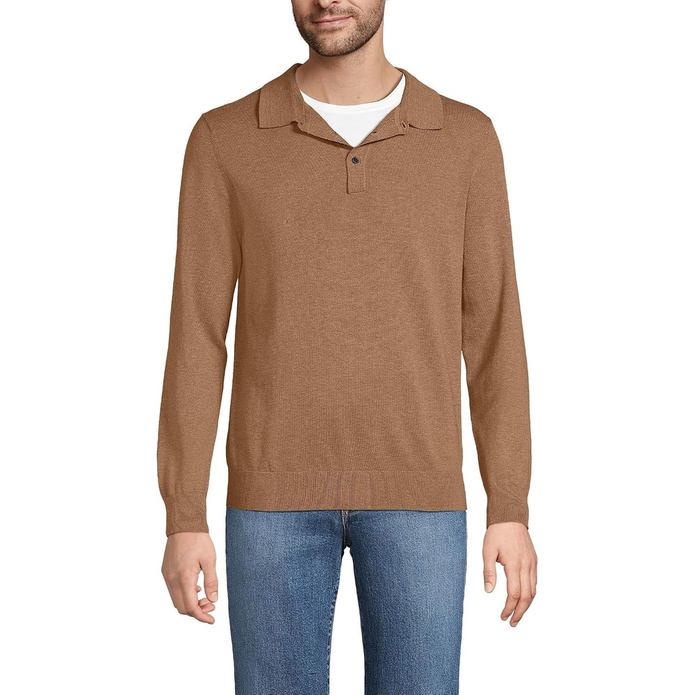image:imageLands End Mens Long Sleeve Cotton Sweater PoloSoft Camel Brown Heather