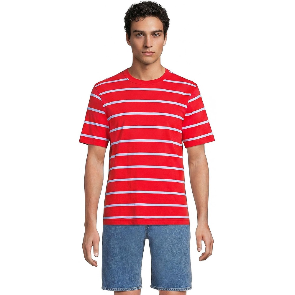 image:imageLands End Mens SuperT Short Sleeve TShirtCompass RedClear Blue Stripe