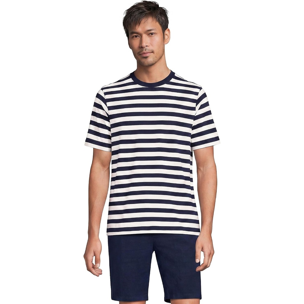 image:imageLands End Mens SuperT Short Sleeve TShirtNavyIvory Stripe
