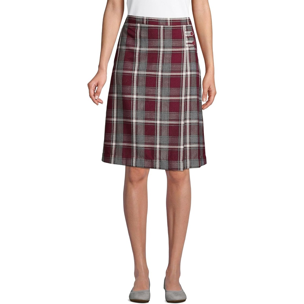 image:imageLands End School Uniform Girls Solid Aline Skirt Below the KneeBurgundygray Plaid