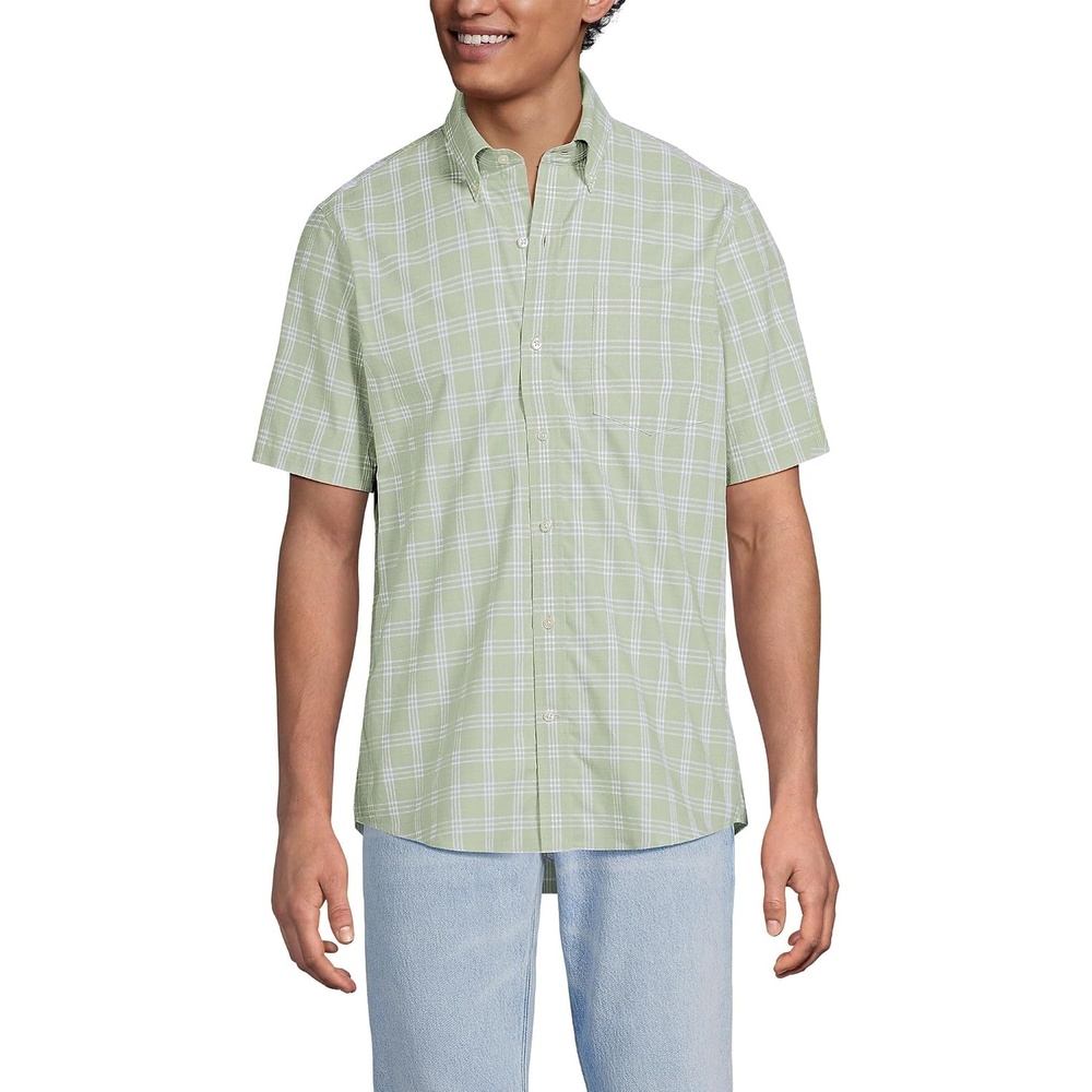 image:imageMens Short Sleeve No Iron Twill ShirtLight Stone Green Plaid