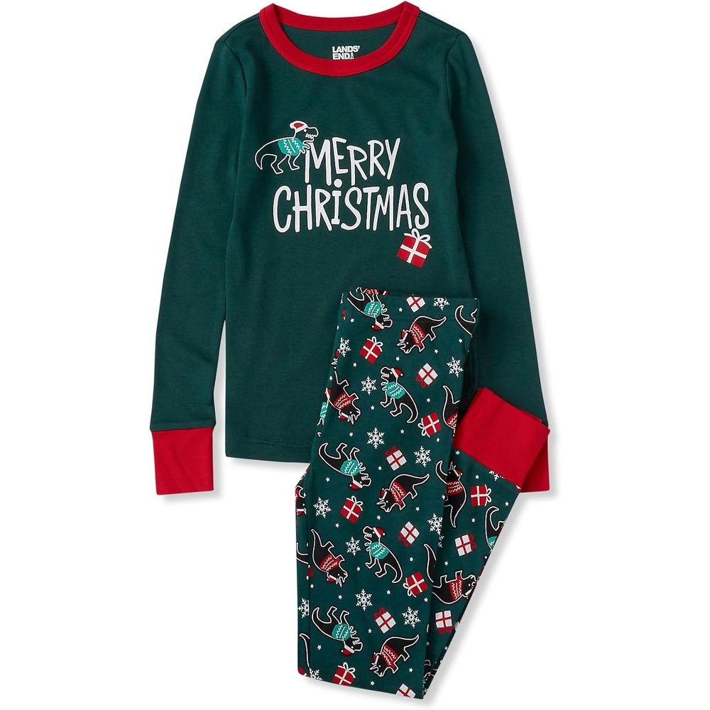 image:imageLands End Kids Pattern Snug Fit Pajama SetChristmas DinoEvergreen