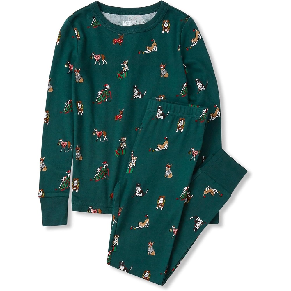 image:imageLands End Kids Pattern Snug Fit Pajama SetHoliday DogsPine