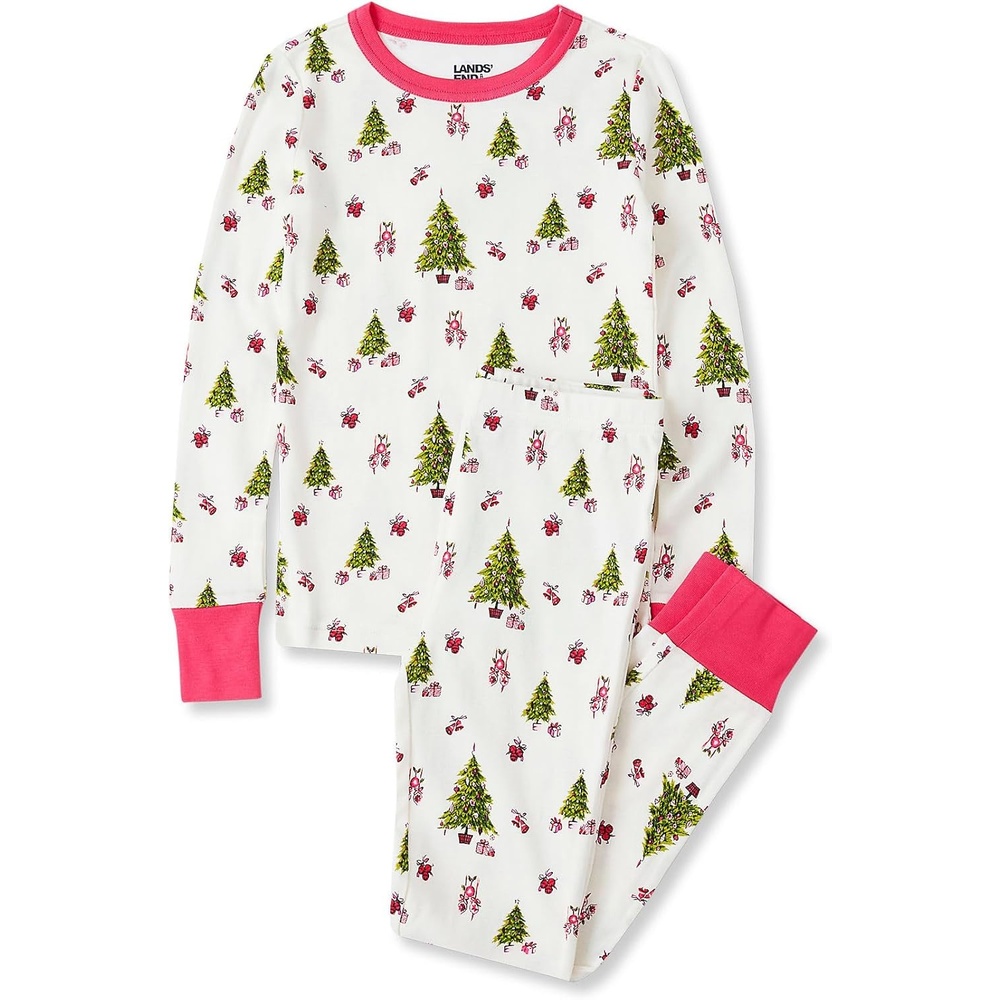 image:imageLands End Kids Pattern Snug Fit Pajama SetHoliday TreesIvory