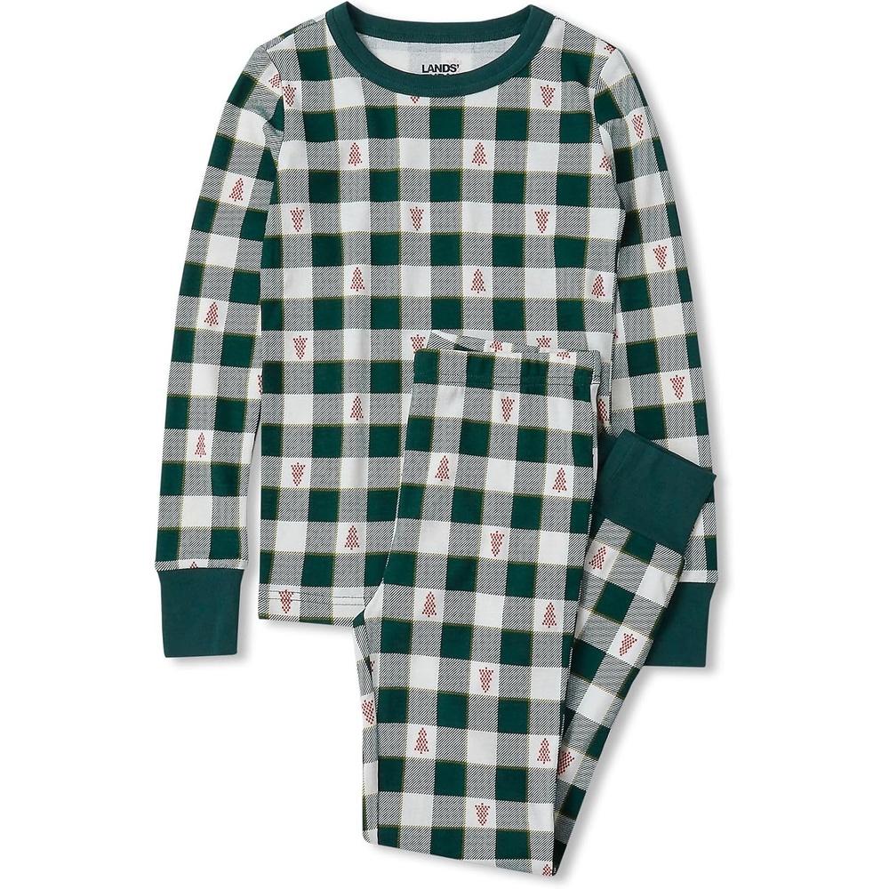 image:imageLands End Kids Pattern Snug Fit Pajama SetRed Holiday TreesPine Plaid