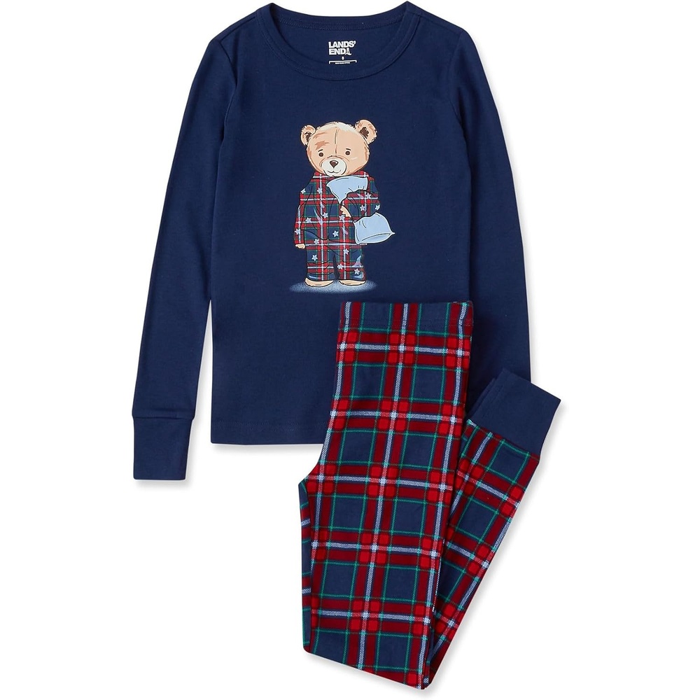 image:imageLands End Kids Pattern Snug Fit Pajama SetTeddy BearDark Blue Plaid