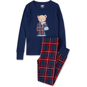 Lands’ End Kids Pattern Snug Fit Pajama Set(Teddy Bear/Dark Blue Plaid)