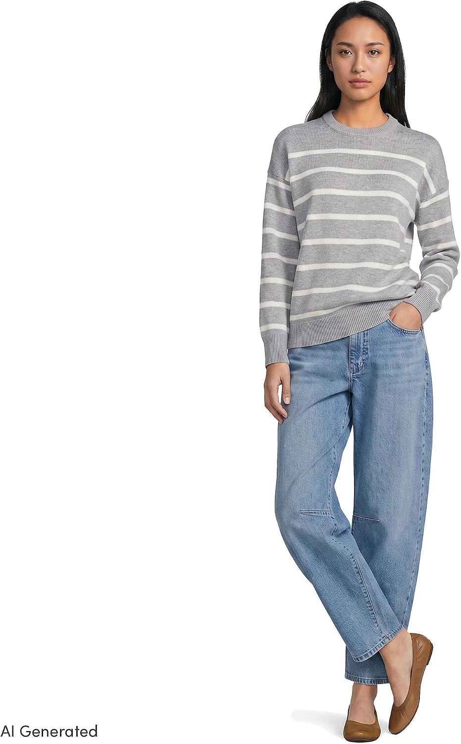 image:imageLands End Womens Drifter Jersey Crewneck SweaterGray HeatherIvory Stripe