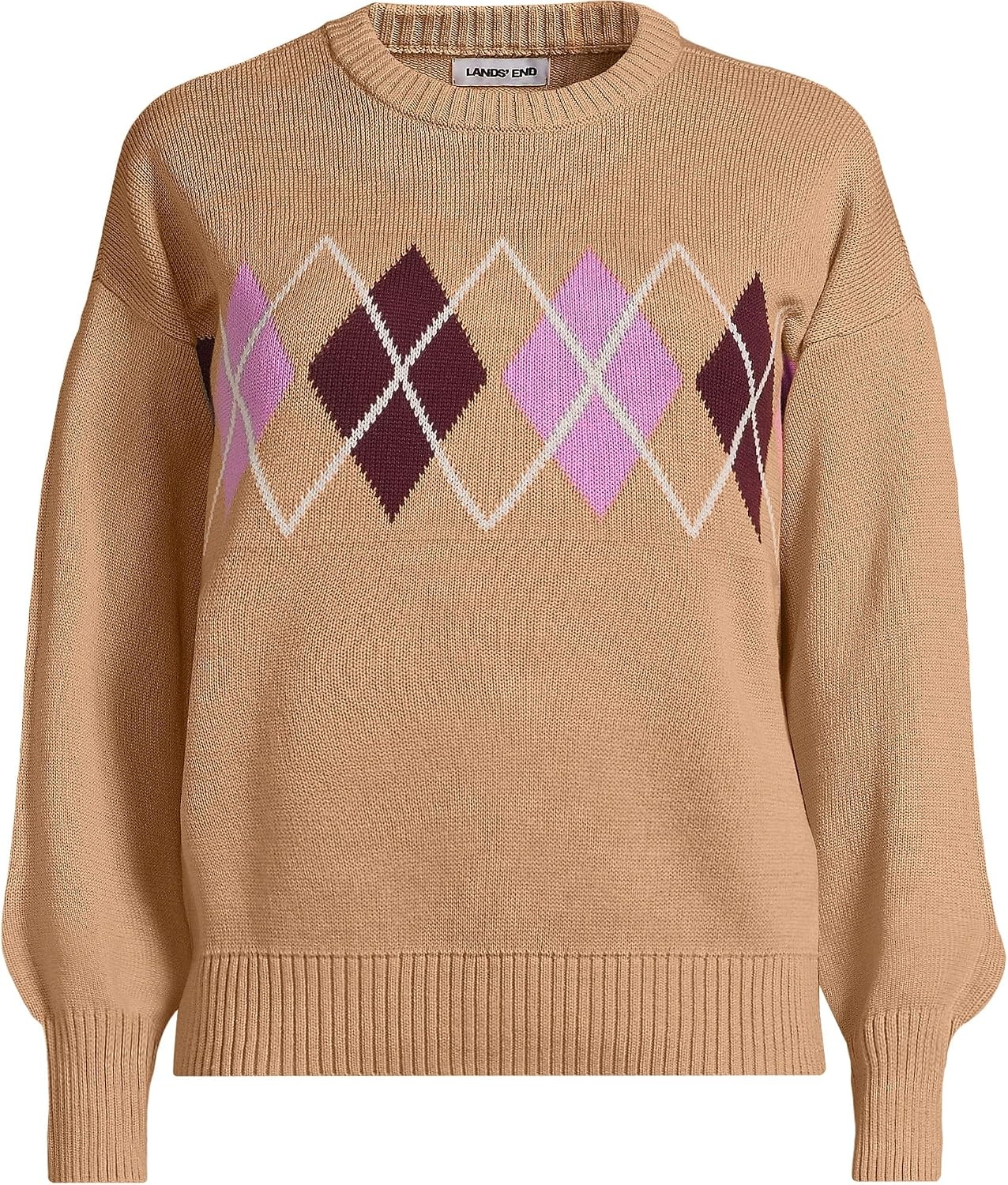 image:imageLands End Womens Drifter Jersey Crewneck SweaterLight Camel Argyle