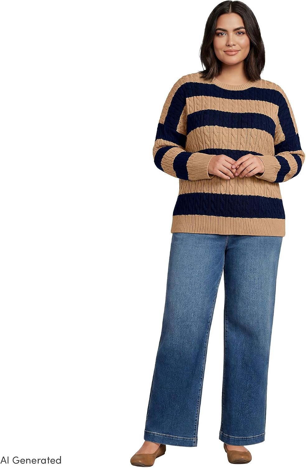 image:imageLands End Womens Drifter Jersey Crewneck SweaterLight CamelNavy Stripe