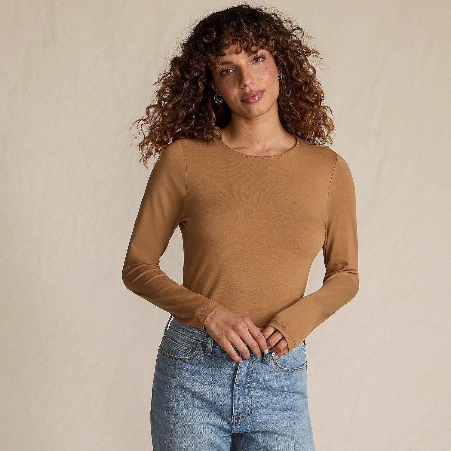 image:imageWomens Plus Size Lightweight Jersey Skimming Long Sleeve Crew Neck TshirtCanyon Camel