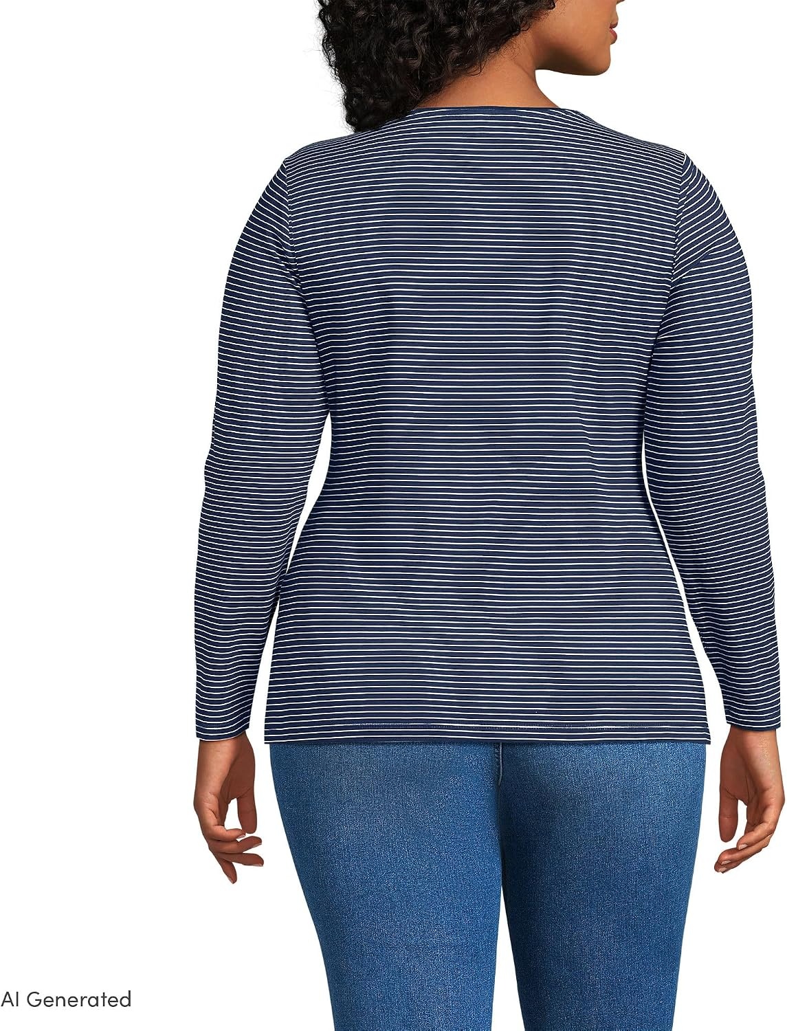 image:imageWomens Plus Size Lightweight Jersey Skimming Long Sleeve Crew Neck TshirtDeep Sea Navy Thin Stripe