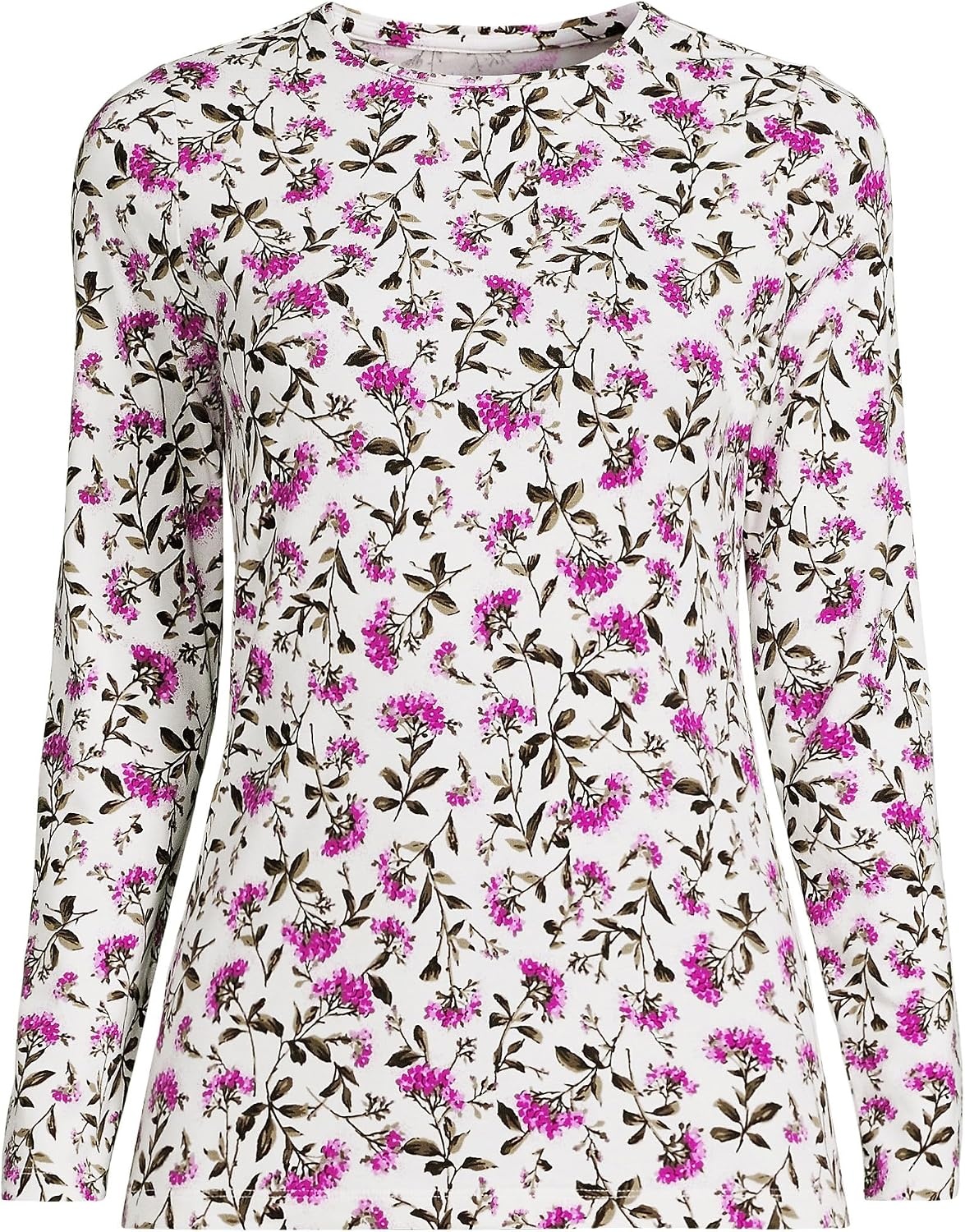 image:imageWomens Plus Size Lightweight Jersey Skimming Long Sleeve Crew Neck TshirtIvoryPink Hydrangea