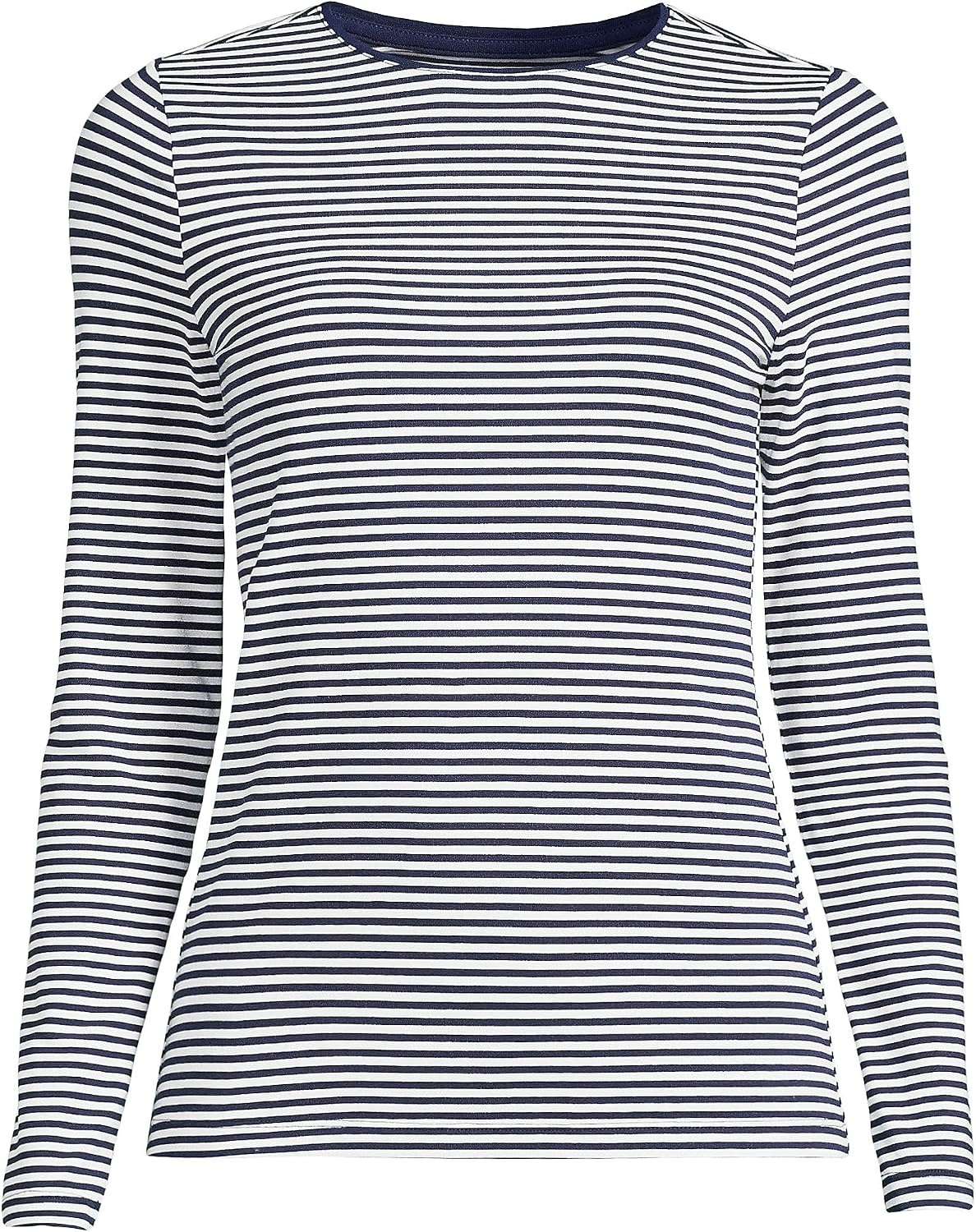 image:imageWomens Plus Size Lightweight Jersey Skimming Long Sleeve Crew Neck TshirtNavyWhite Micro Stripe