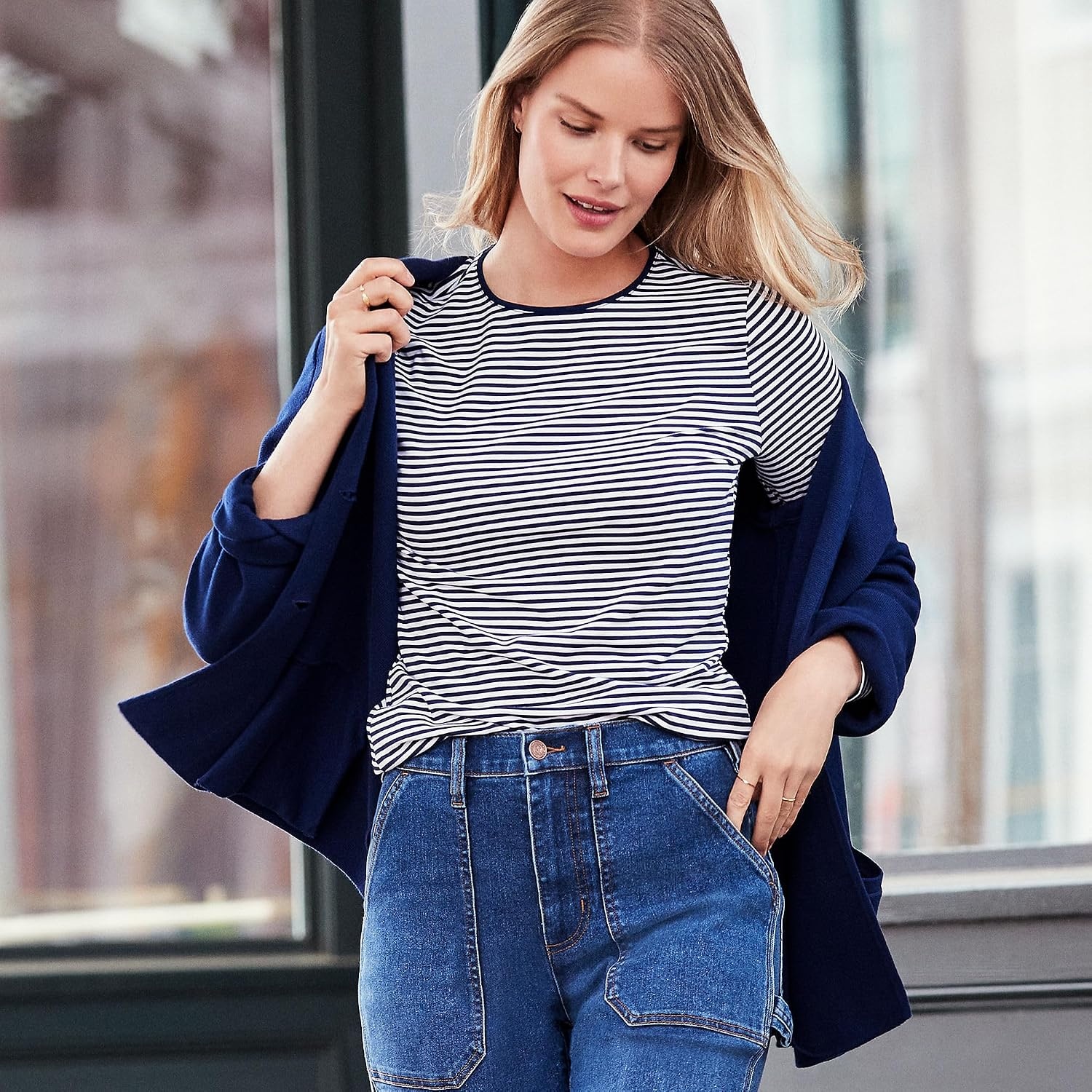 image:imageWomens Plus Size Lightweight Jersey Skimming Long Sleeve Crew Neck TshirtNavyWhite Micro Stripe