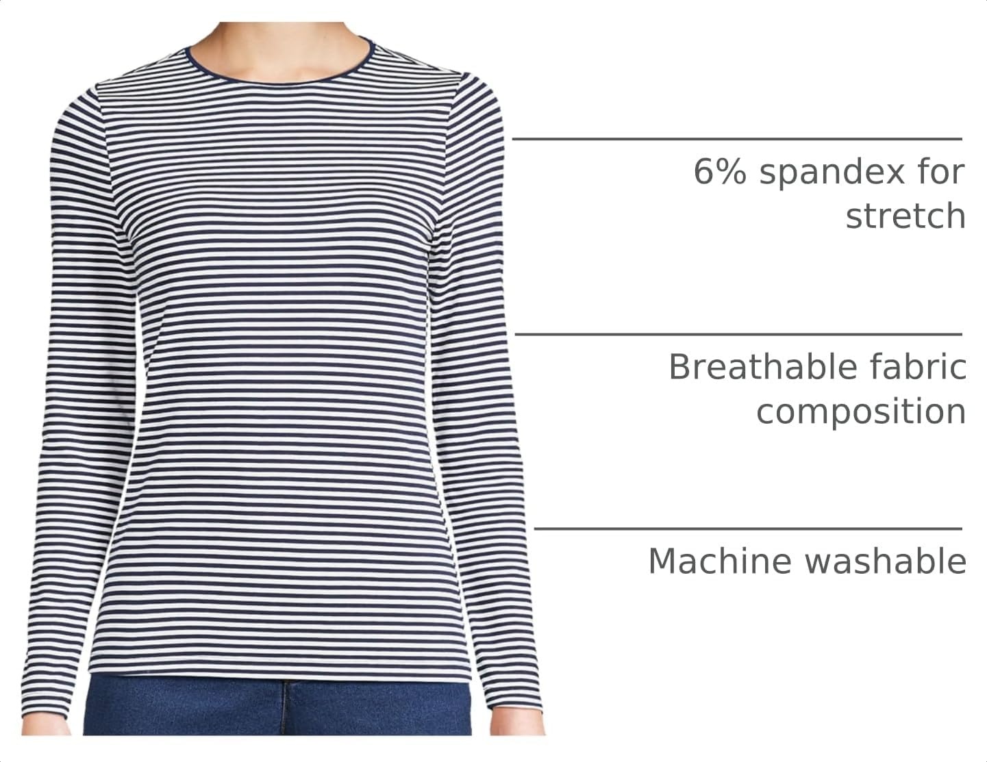 image:imageWomens Plus Size Lightweight Jersey Skimming Long Sleeve Crew Neck TshirtNavyWhite Micro Stripe
