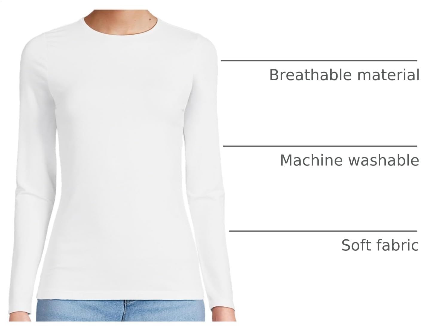 image:imageWomens Plus Size Lightweight Jersey Skimming Long Sleeve Crew Neck TshirtWhite