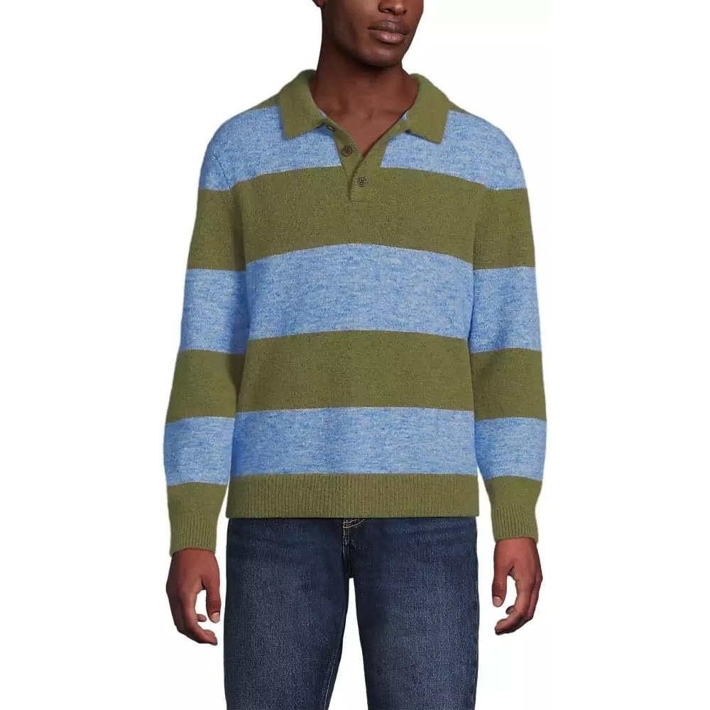 image:imageLands End Mens Long Sleeve Fuzzy Sweater PoloOlive Drab Heather Stripe