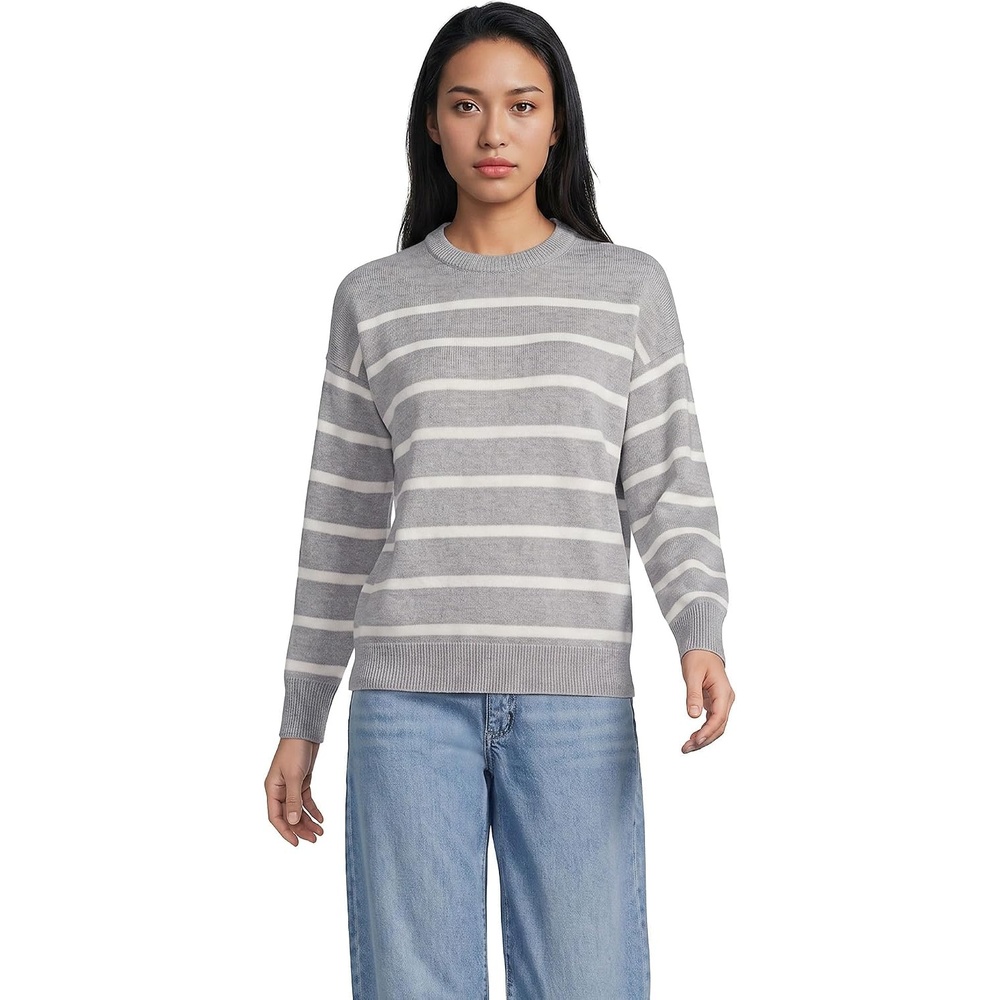 image:imageLands End Womens Drifter Jersey Crewneck SweaterGray HeatherIvory Stripe