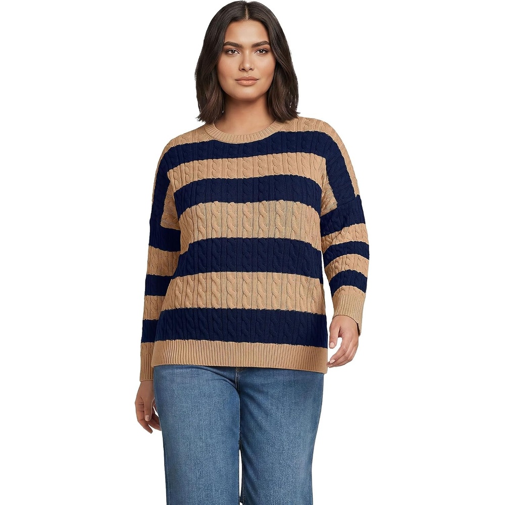 image:imageLands End Womens Drifter Jersey Crewneck SweaterLight CamelNavy Stripe