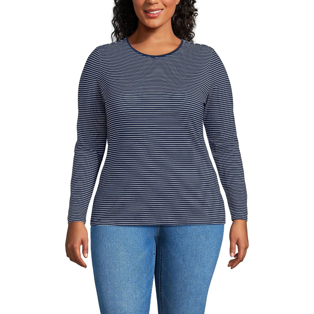 image:imageWomens Plus Size Lightweight Jersey Skimming Long Sleeve Crew Neck TshirtDeep Sea Navy Thin Stripe