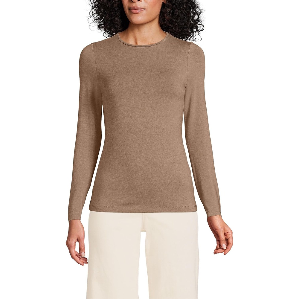image:imageWomens Plus Size Lightweight Jersey Skimming Long Sleeve Crew Neck TshirtHoney Beige